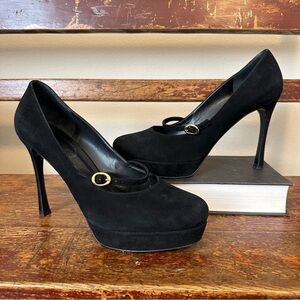 YSL Yves Saint Laurent Black Suede Platform Mary Jane Heels Shoes